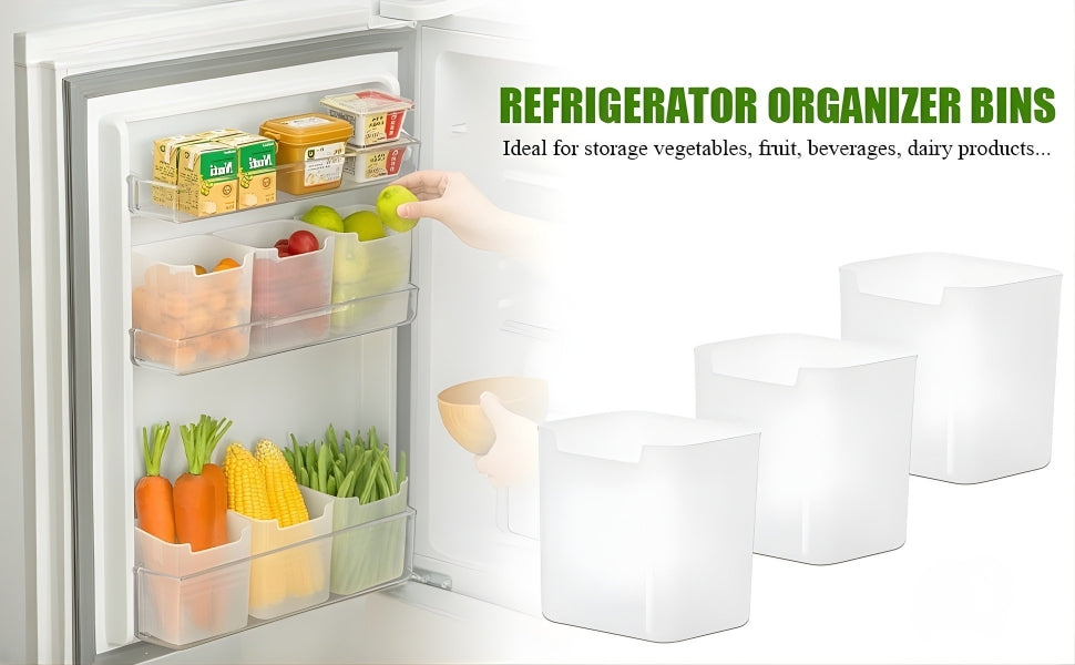 Refrigerator Organizer Bins neatly arranged with vegetables and dairy products