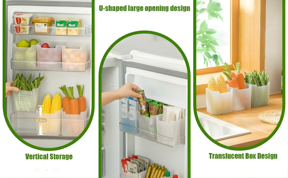 Multiple fridge organizer bins with colourful vegetables