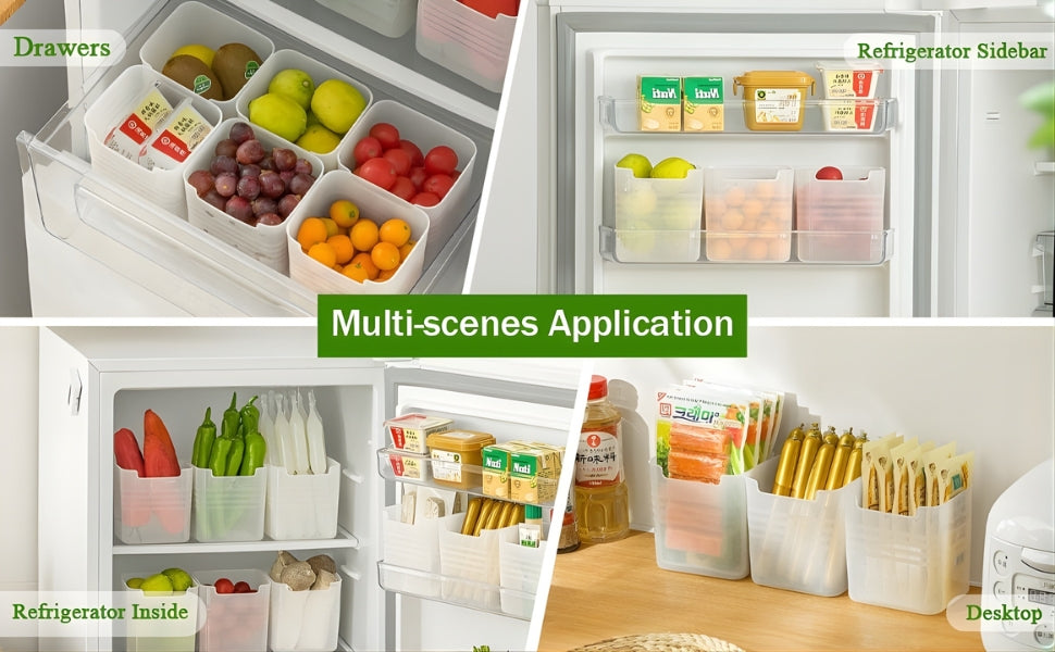 Close-up of organizer bins holding fruits and eggs on fridge door