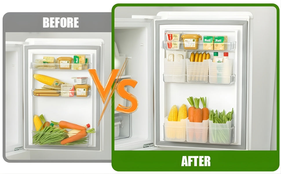 Refrigerator door shelves filled with organiser boxes