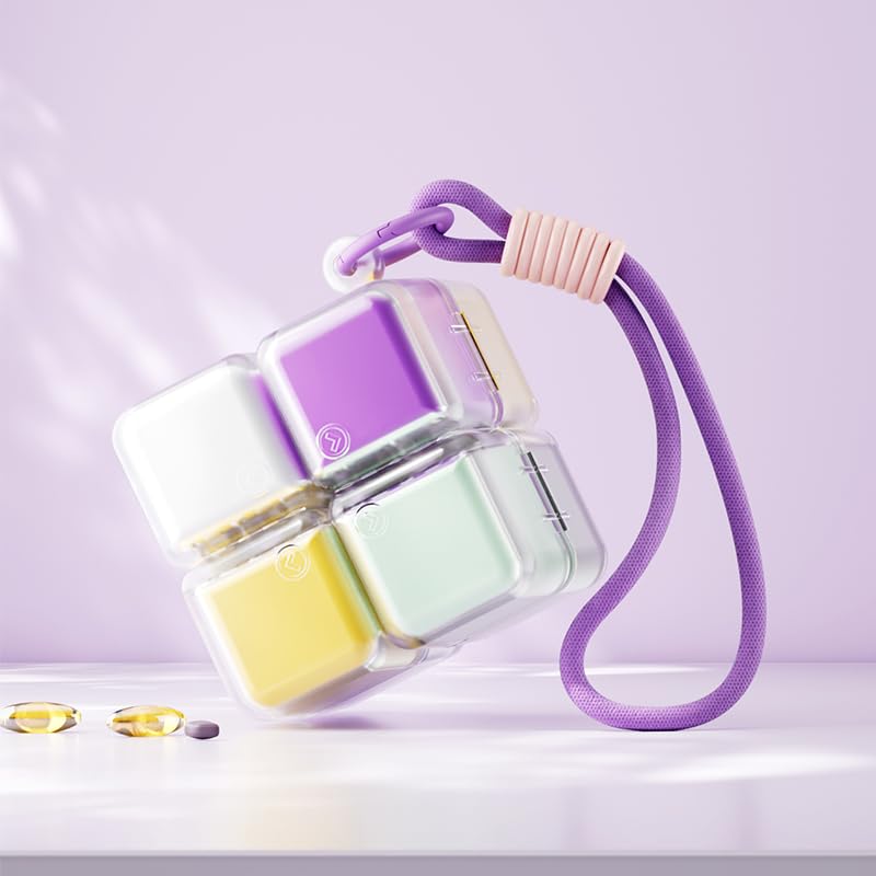 Weekly magnetic foldable pastel pill organizer cube with lanyard