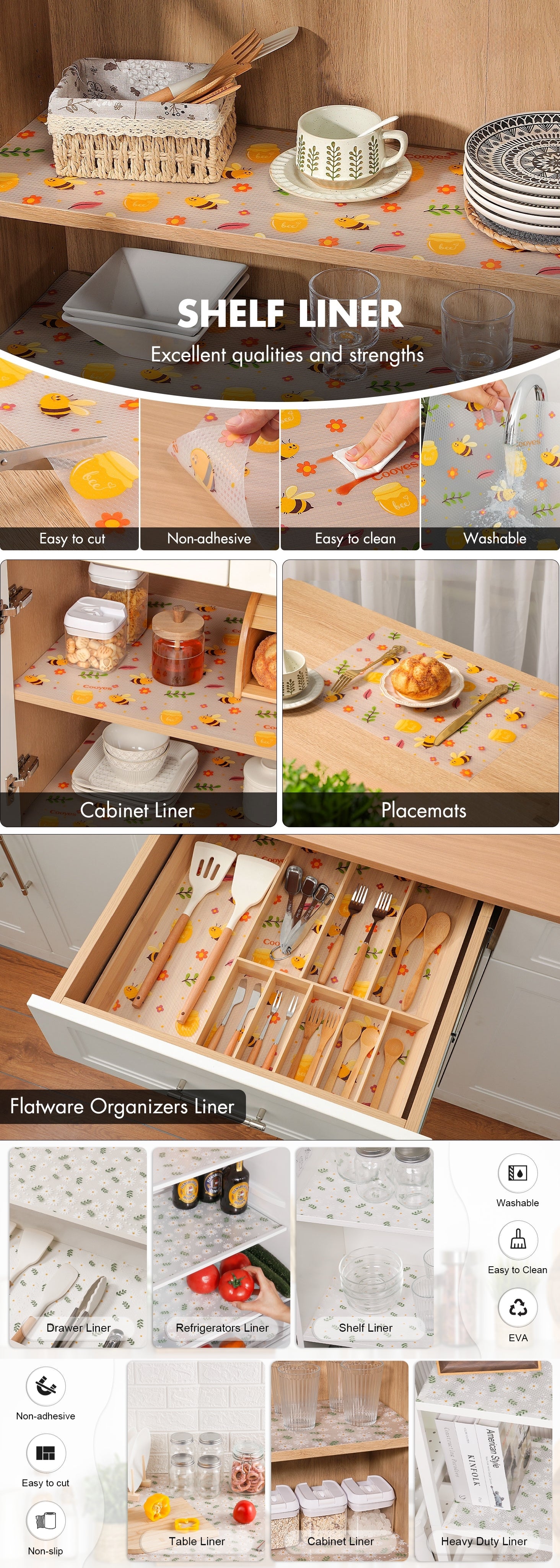 Bee-print liner used in drawers, bathroom shelves and liquor cabinet