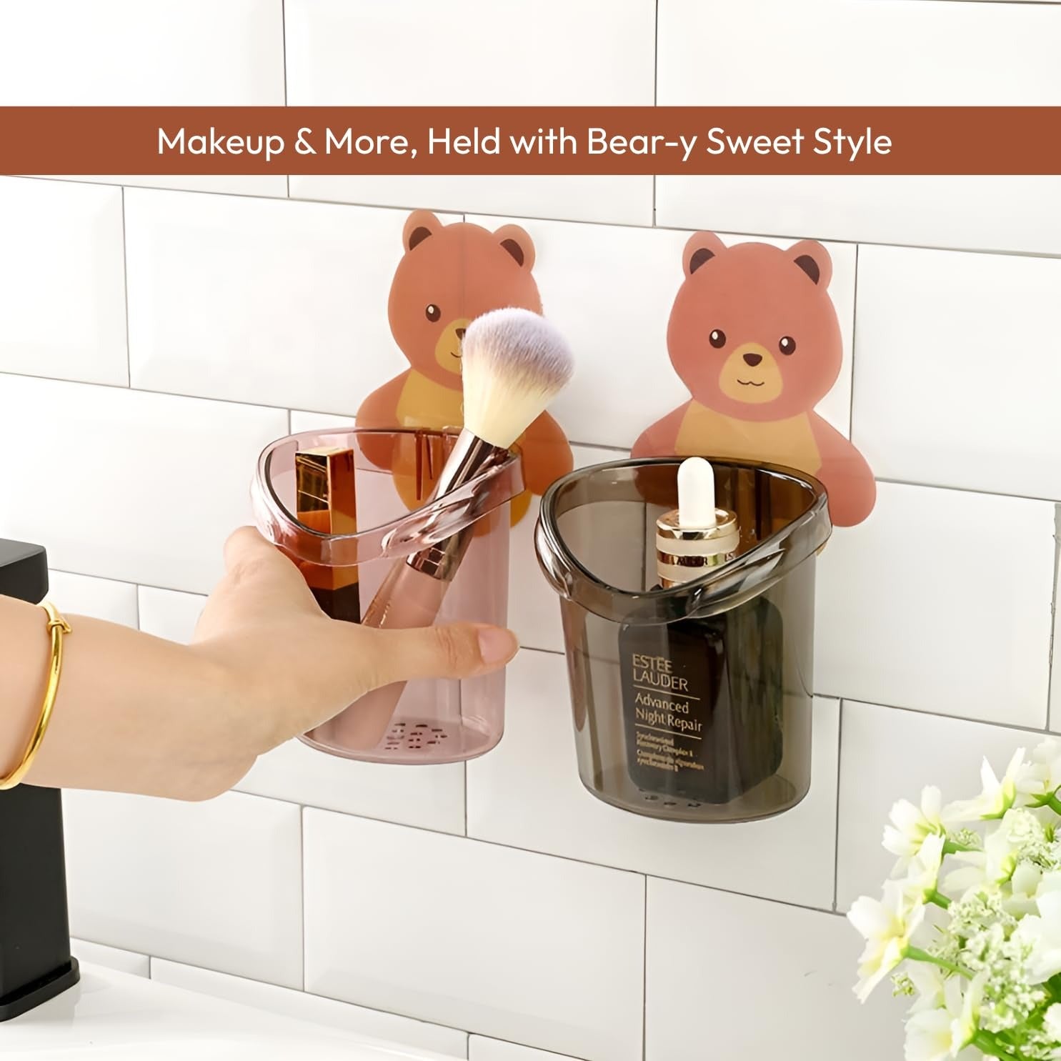 Cute teddy bear toothbrush holder mounted near kids' washbasin